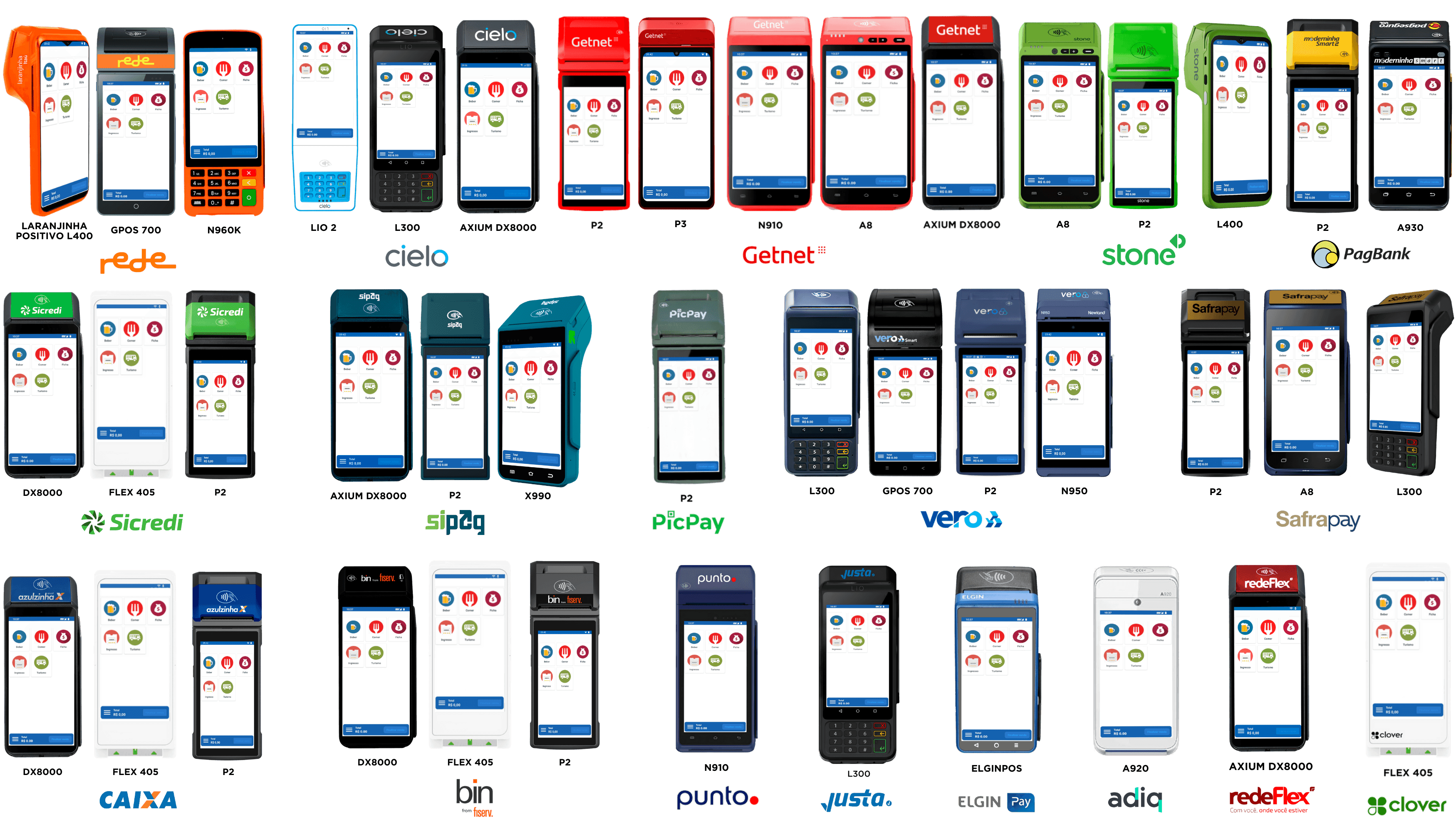 Coleção de dezesseis terminais de pagamento com cartão de diferentes marcas, com interfaces de transação em suas telas