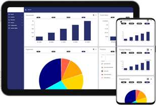 Tablet e smartphone exibindo gráficos de barras e gráficos de pizza correspondentes, ilustrando a visualização de dados entre dispositivos.